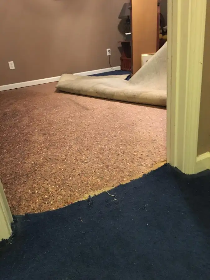 Carpet pad removal revealing water damage during Water Mitigation Services in Herndon